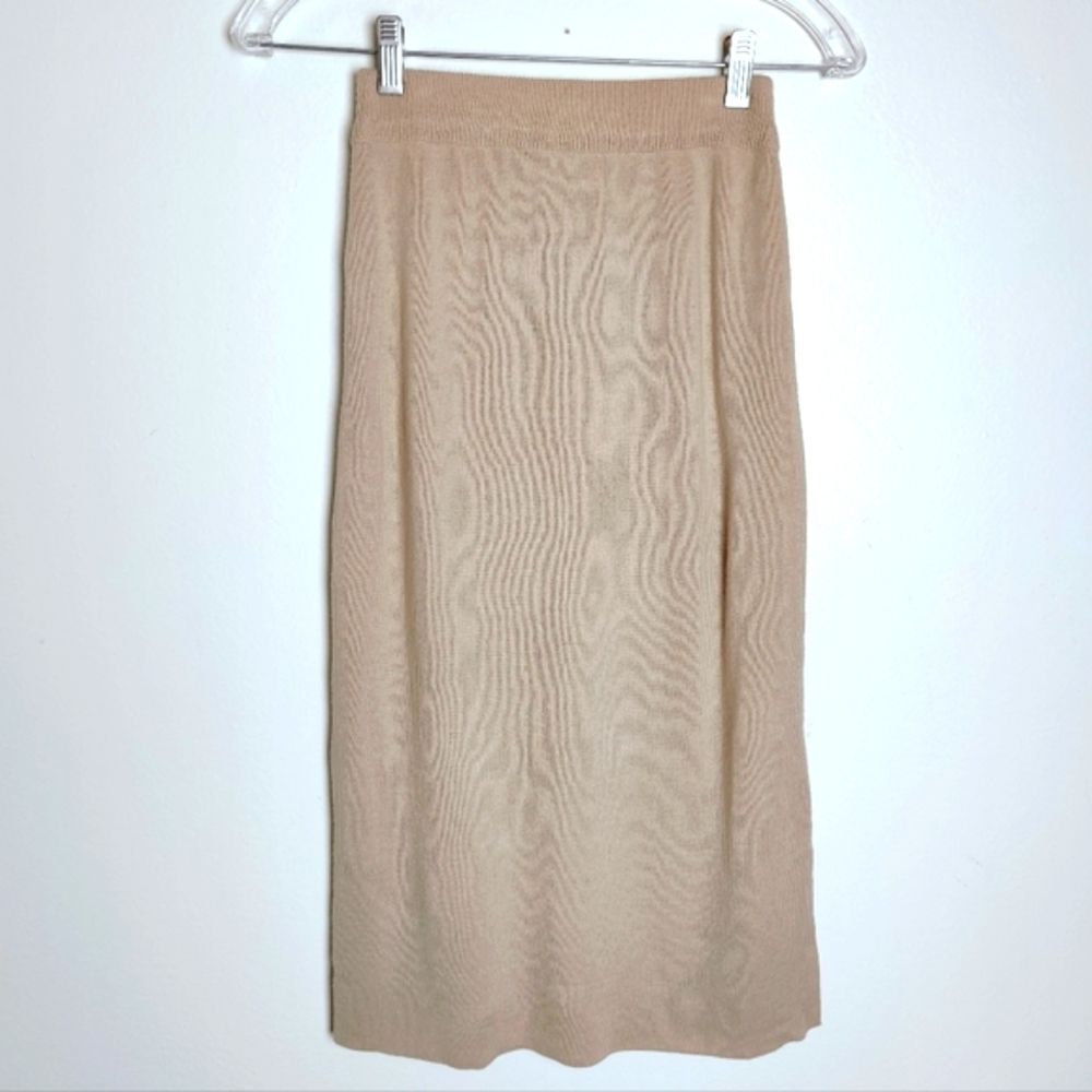 Oak + Fort Beige/Tan Knit Side Slit Bodycon Midi Skirt, One Size